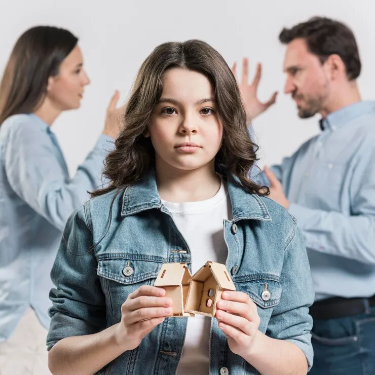 Menina segurando uma casinha de madeira partida ao meio, com os pais discutindo ao fundo
